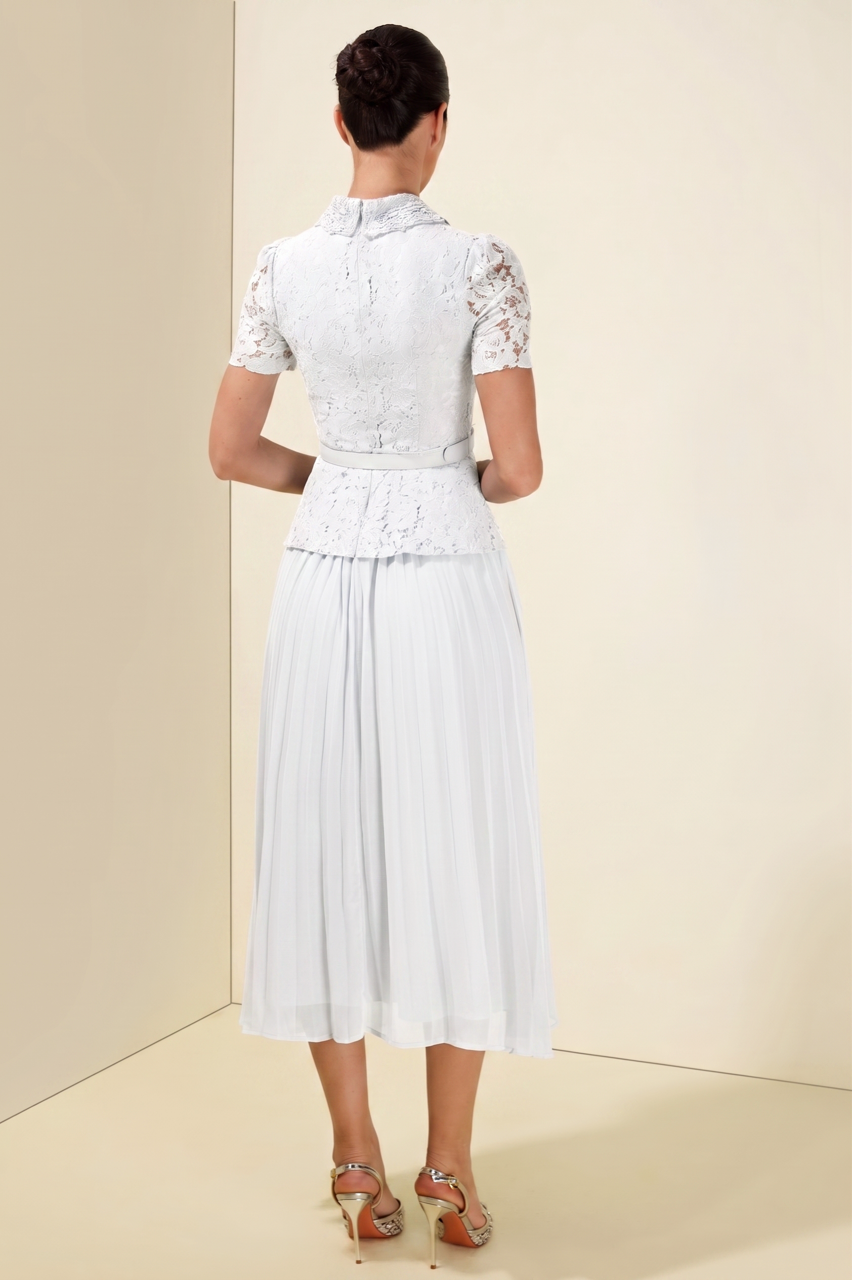 Lace Pleat With Belt Midi Dress