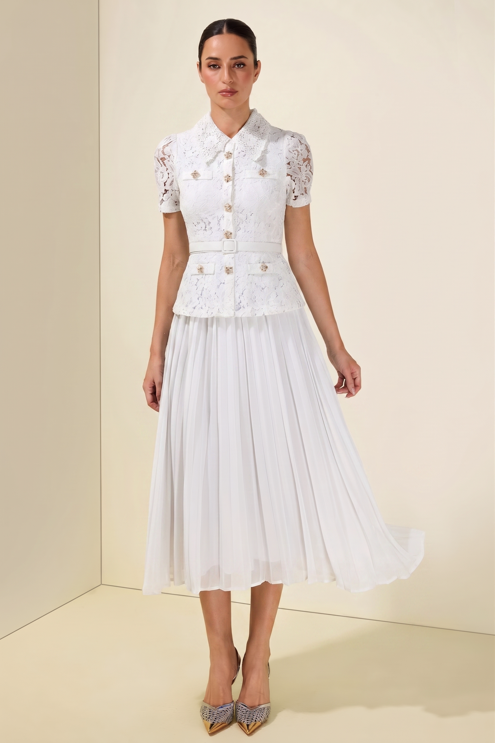 Lace Pleat With Belt Midi Dress