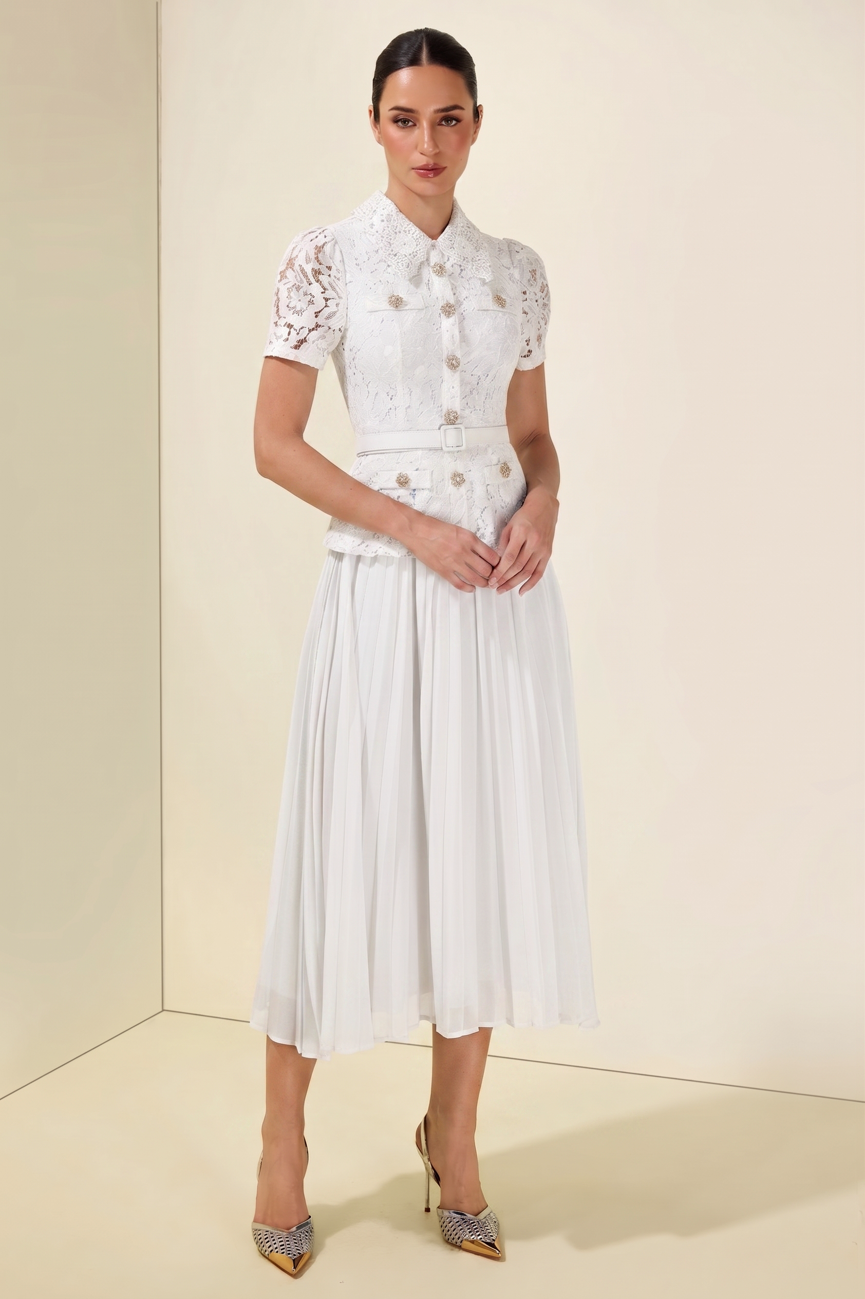 Lace Pleat With Belt Midi Dress