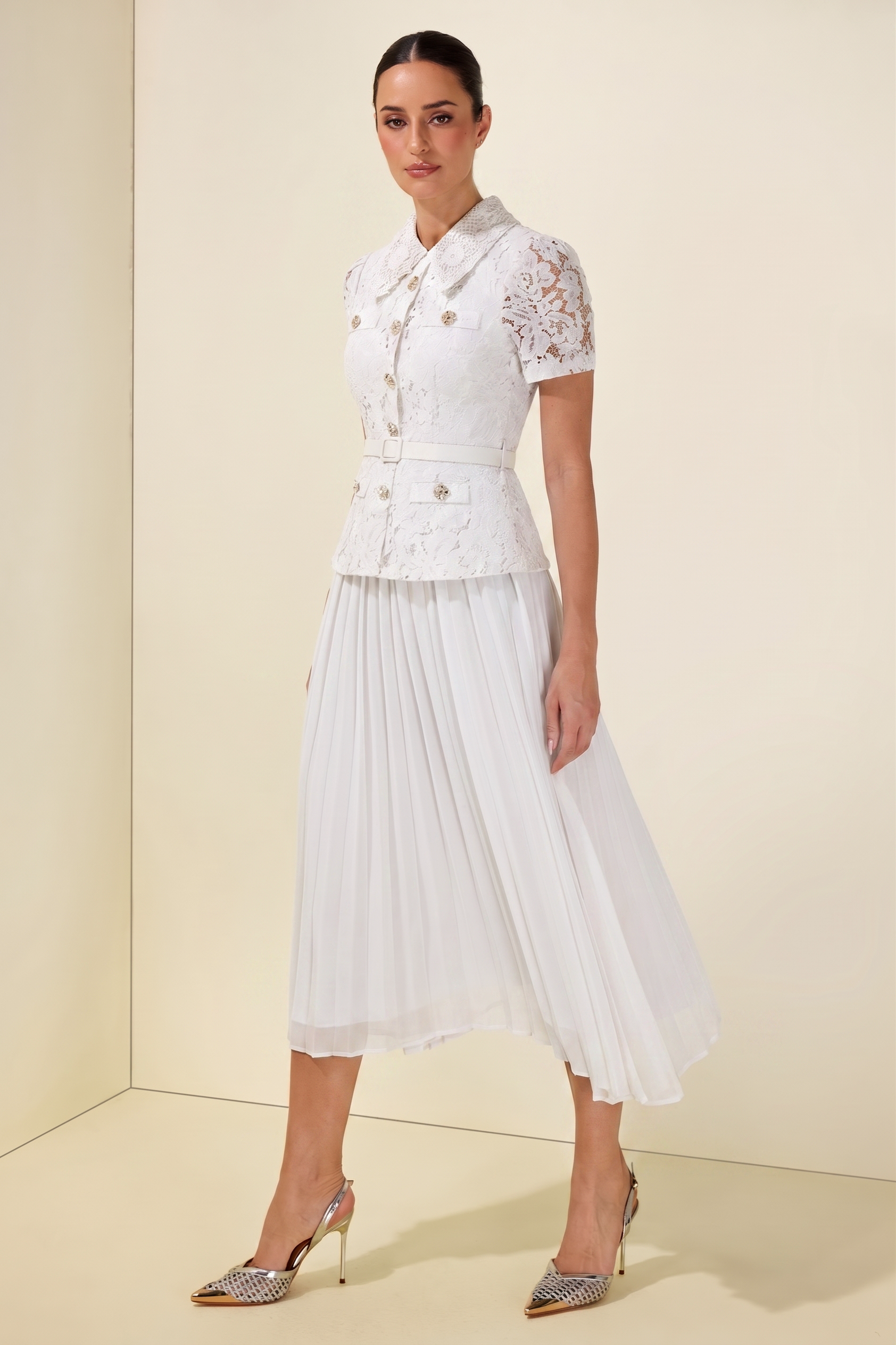 Lace Pleat With Belt Midi Dress