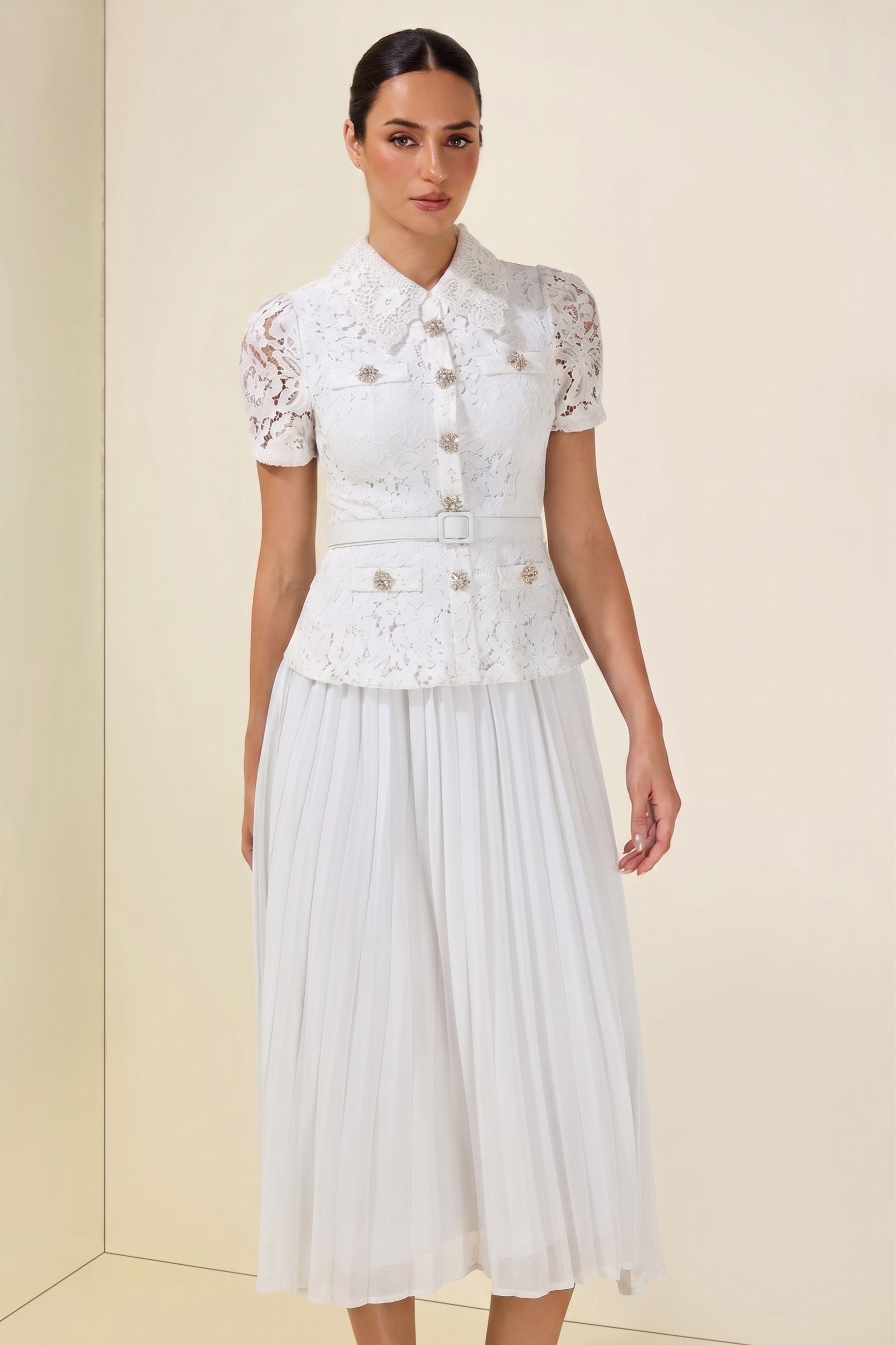 Lace Pleat With Belt Midi Dress