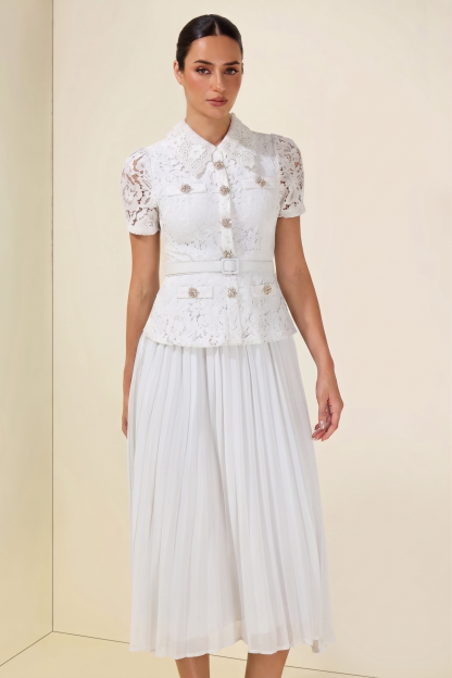 Lace Pleat With Belt Midi Dress