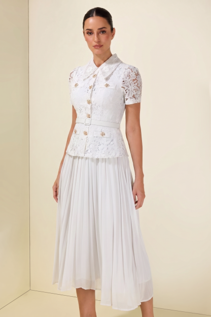Lace Pleat With Belt Midi Dress