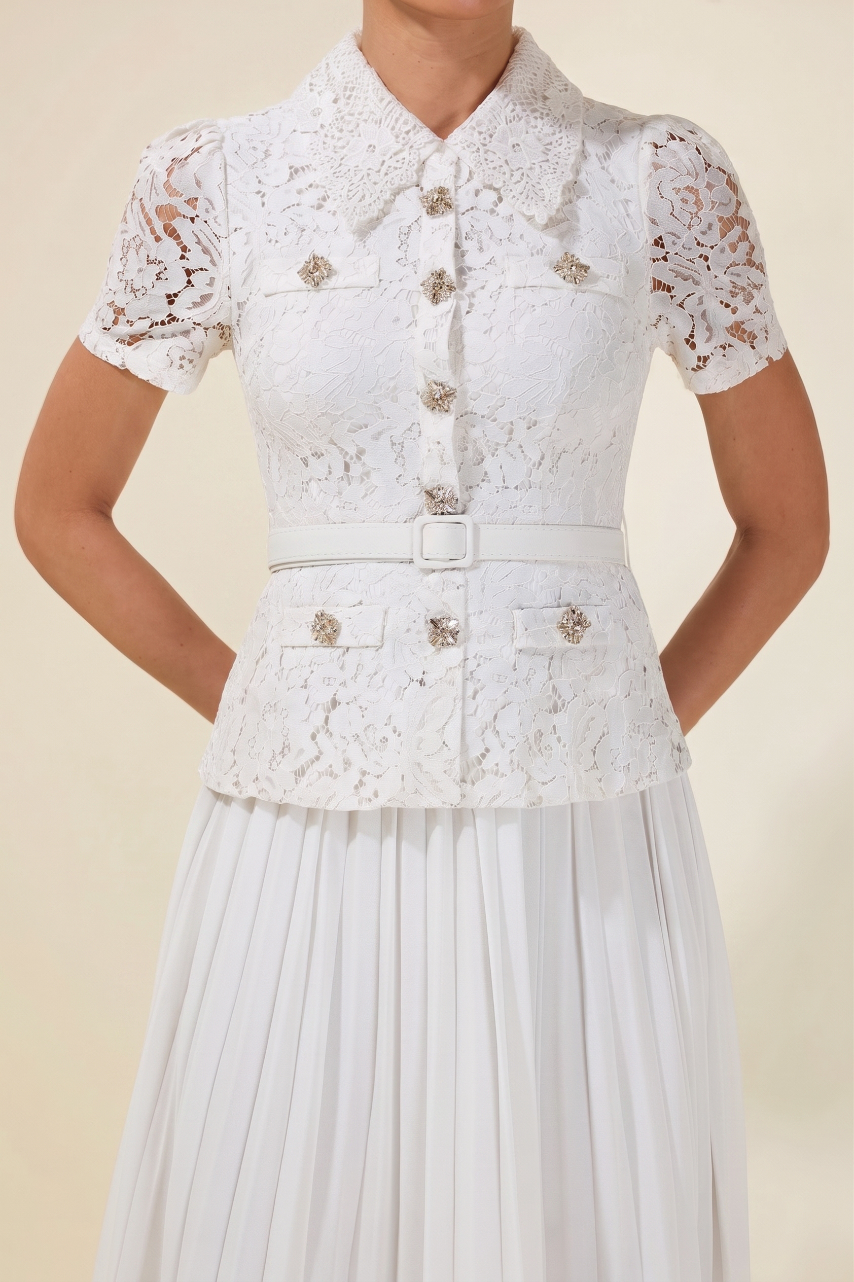 Lace Pleat With Belt Midi Dress