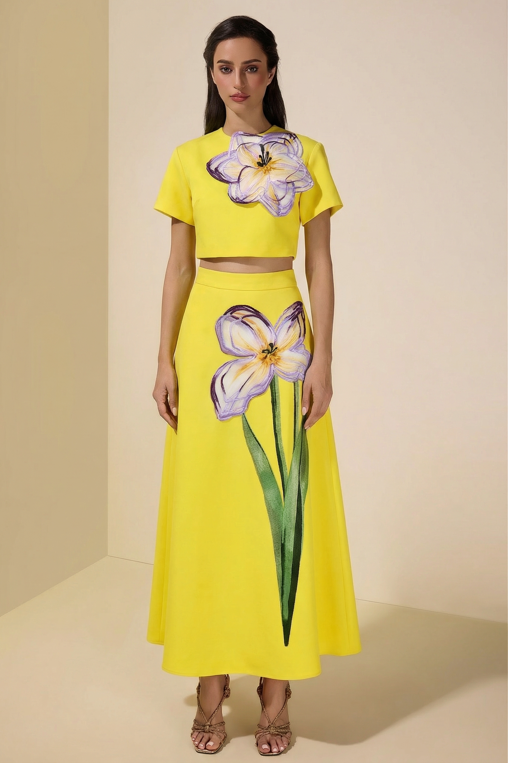 Appliquéd Round Neck Top & Maxi Skirt Set