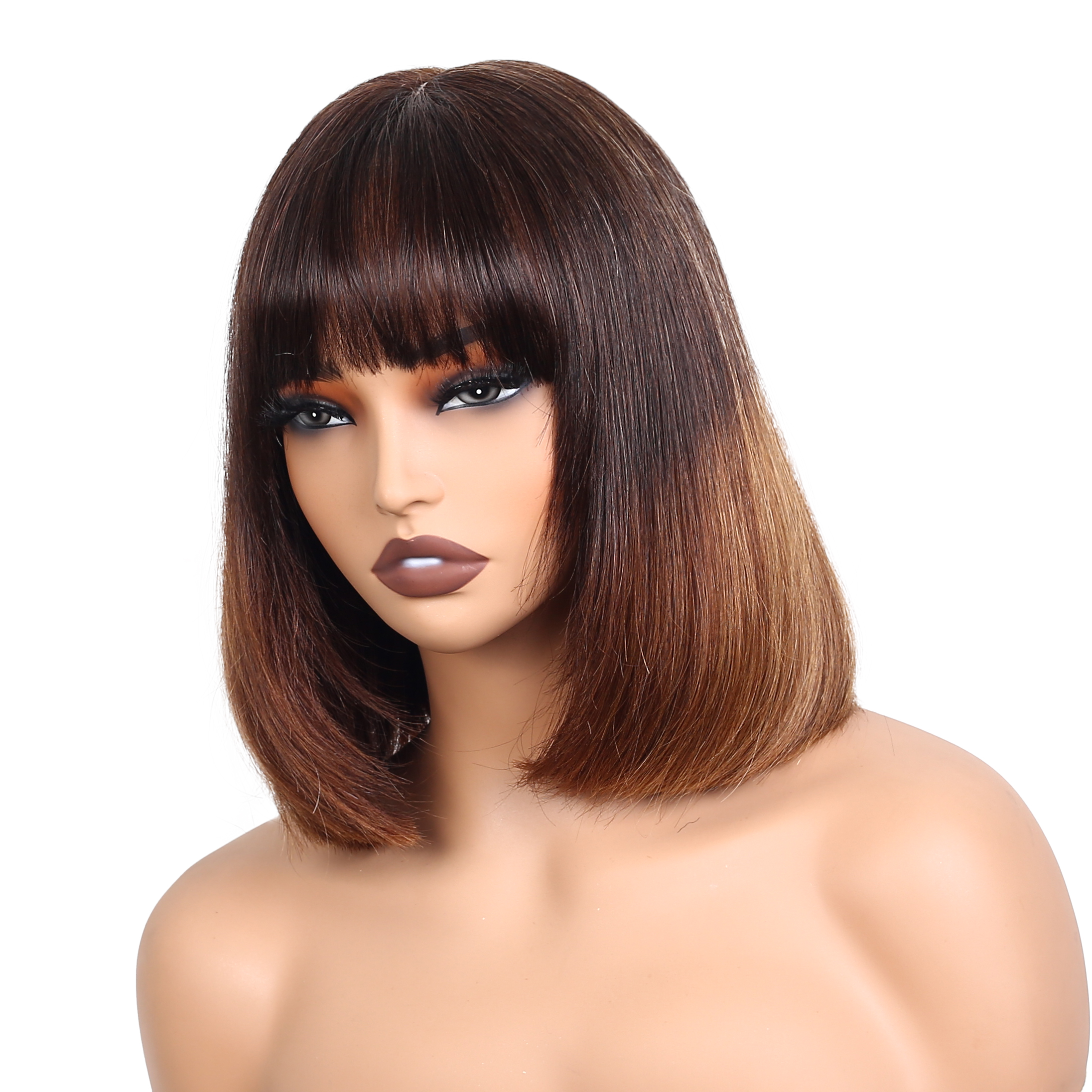 Lyric Selection Double Drawn Wig With Bangs Brown Color Ombre T4/30 2x6 Lace Colosure Bob Wig 10Inch