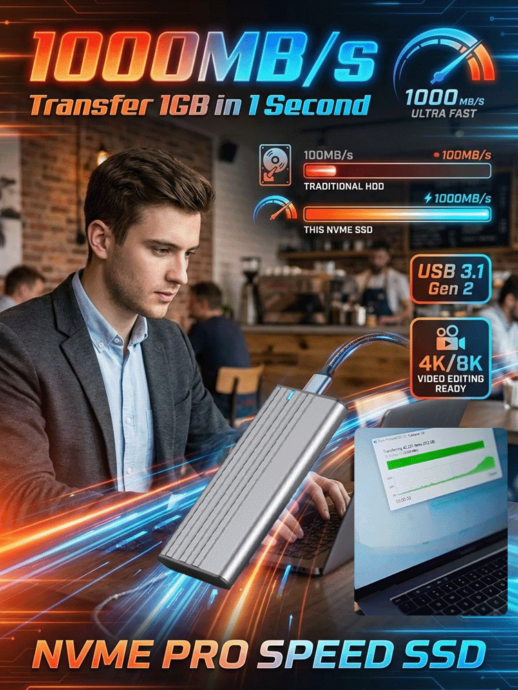 📱【Massive Storage】🛡️DataVault™ - NVMe NGFF SSD Portable Dual Protocol, No Monthly Fees！⚡1,000MB/s Transfer Speed！ 🏅Instant Connection for iPhone, Camera & Laptop！