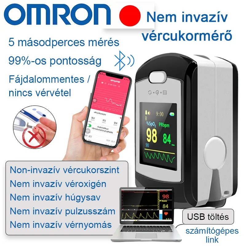 Omron nem invazív vércukormérő (5 másodperces mérés/99%-os pontosság)