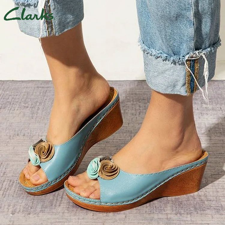 😍Ultimo giorno 50% DI SCONTO😍-Sandali da donna con zeppa comodi in pelle tinta unita con cinturino a fiori