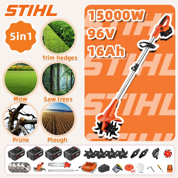 STIHL 15 000 W-os kefe nélküli fűnyírókészlet hosszú nyéllel és visszahúzható vágópengével