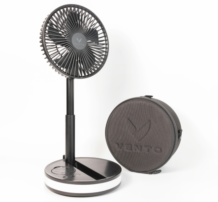 A VENTO egy összecsukható, visszahúzható, újratölthető és multifunkcionális vezeték nélküli utazóventilátor.
