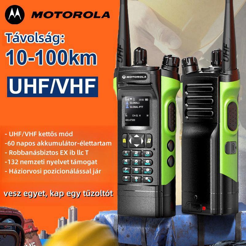 Motorola robbanásbiztos walkie-talkie, hatótávolsága 10-100 kilométer, készenléti ideje 9