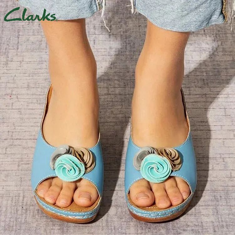 😍Ultimo giorno 50% DI SCONTO😍-Sandali da donna con zeppa comodi in pelle tinta unita con cinturino a fiori