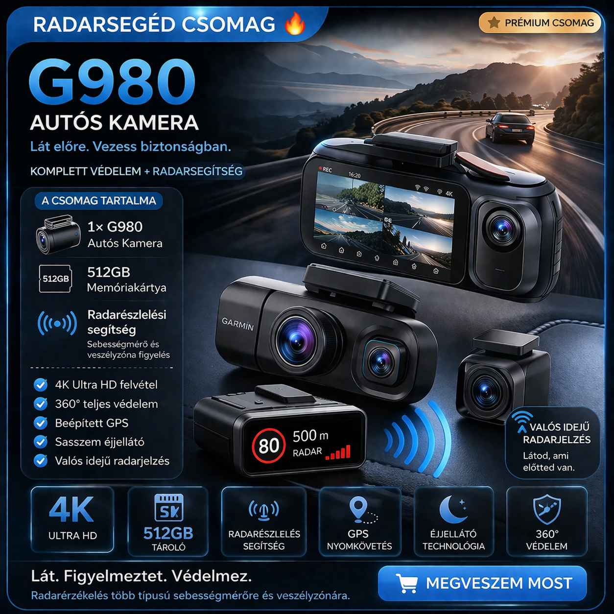 G980 Autós Kamera – 4 Kamerás 360° Védelem, 4K Ultra HD Rögzítés