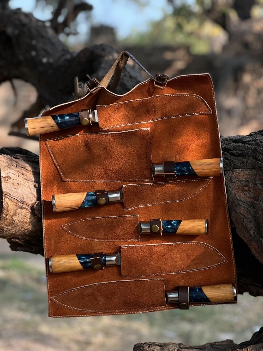 Set de 6 cuțite de bucătărie din oțel damasc, de culoare albastră marină, cuțit de exterior, cuțit de legume, cuțit de bucătar din oțel damasc.