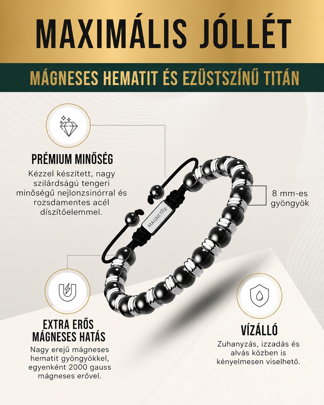 MagnetRX® mágneses hematit karkötő – MAX erősségű mágneses kövek – Gyöngyös mágneses karkötők férfiaknak és nőknek