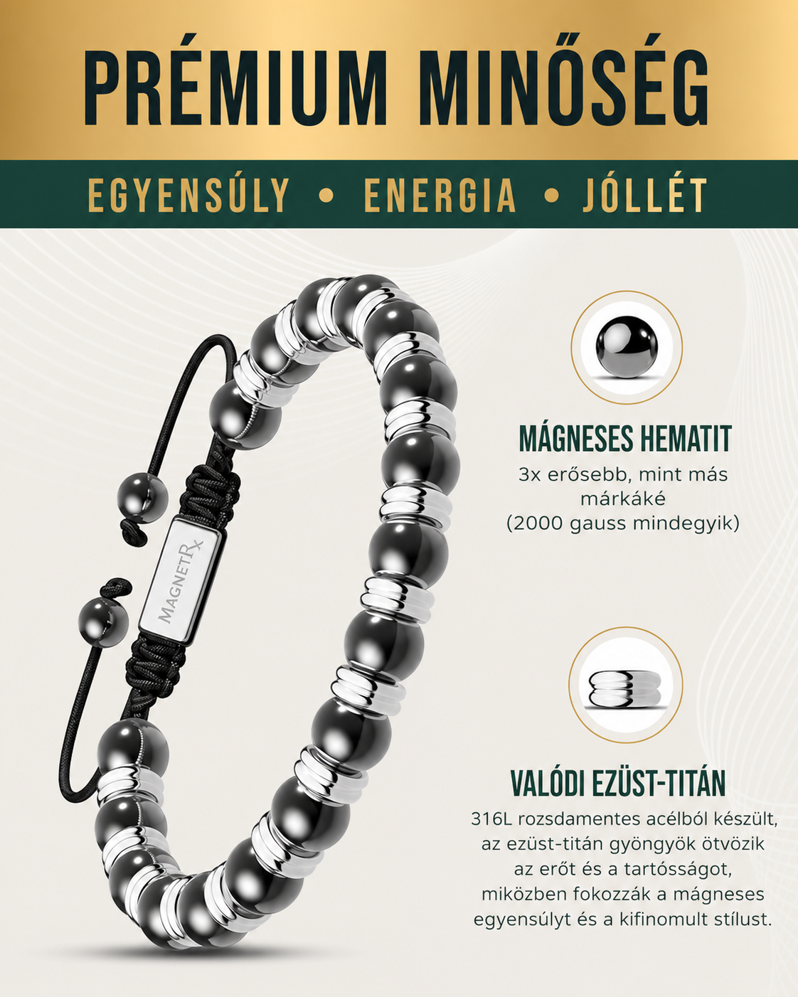 MagnetRX® mágneses hematit karkötő – MAX erősségű mágneses kövek – Gyöngyös mágneses karkötők férfiaknak és nőknek