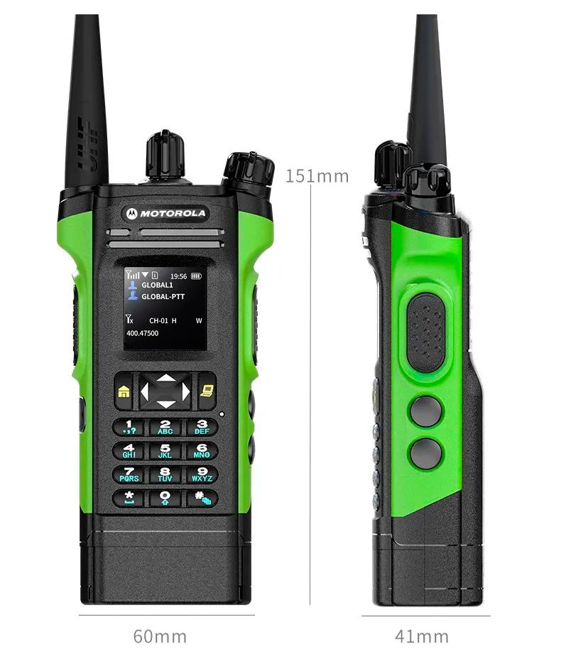 Motorola robbanásbiztos walkie-talkie, hatótávolsága 10-100 kilométer, készenléti ideje 9
