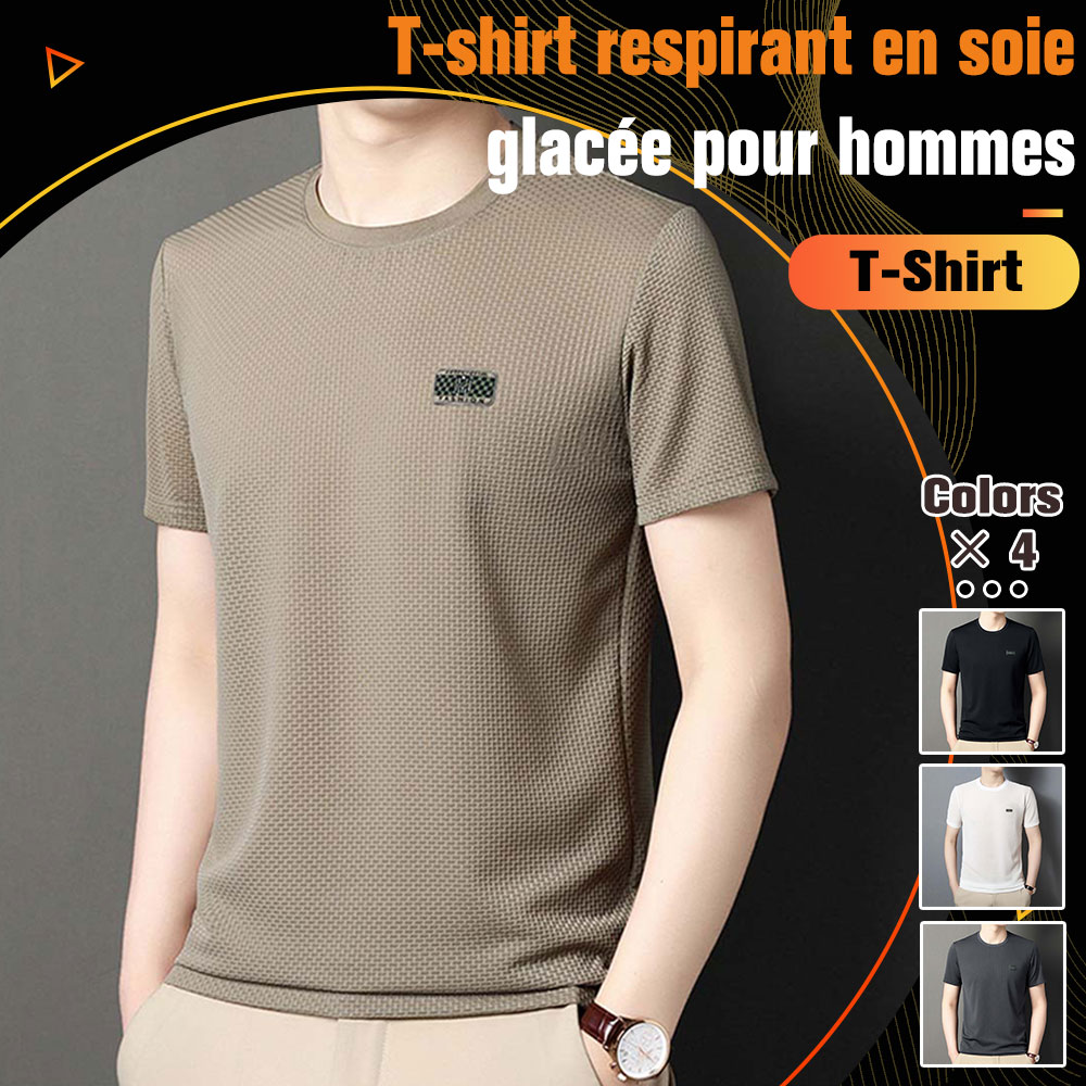 Mentede T-shirt respirant à manches courtes en soie glacée pour hommes