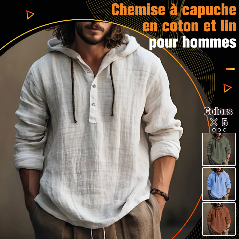 Mentede Chemise à capuche à manches longues en coton et lin pour hommes