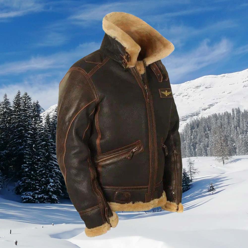 Mentede  Veste en cuir à revers et fermeture éclair épaisse en polaire pour hommes