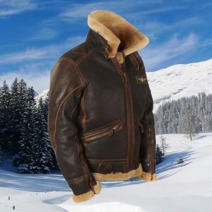 Mentede  Veste en cuir à revers et fermeture éclair épaisse en polaire pour hommes