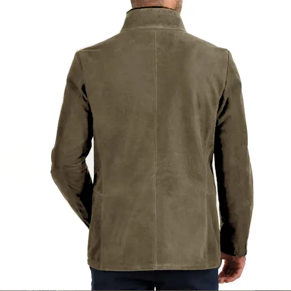 Herren Vintage Stehkragen Wildleder Blazer Seitlicher Reißverschluss Kontrast Leder Gurtband Mittellange Jacke Mäntel