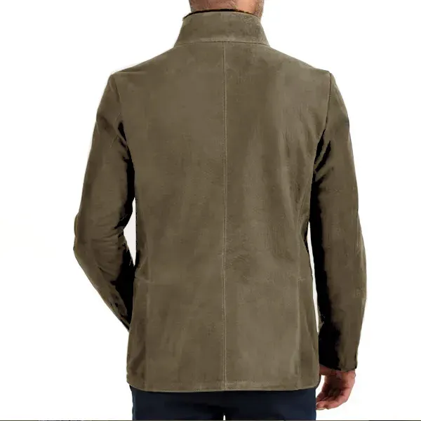 Herren Vintage Stehkragen Wildleder Blazer Seitlicher Reißverschluss Kontrast Leder Gurtband Mittellange Jacke Mäntel