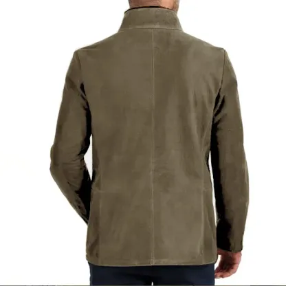 Herren Vintage Stehkragen Wildleder Blazer Seitlicher Reißverschluss Kontrast Leder Gurtband Mittellange Jacke Mäntel