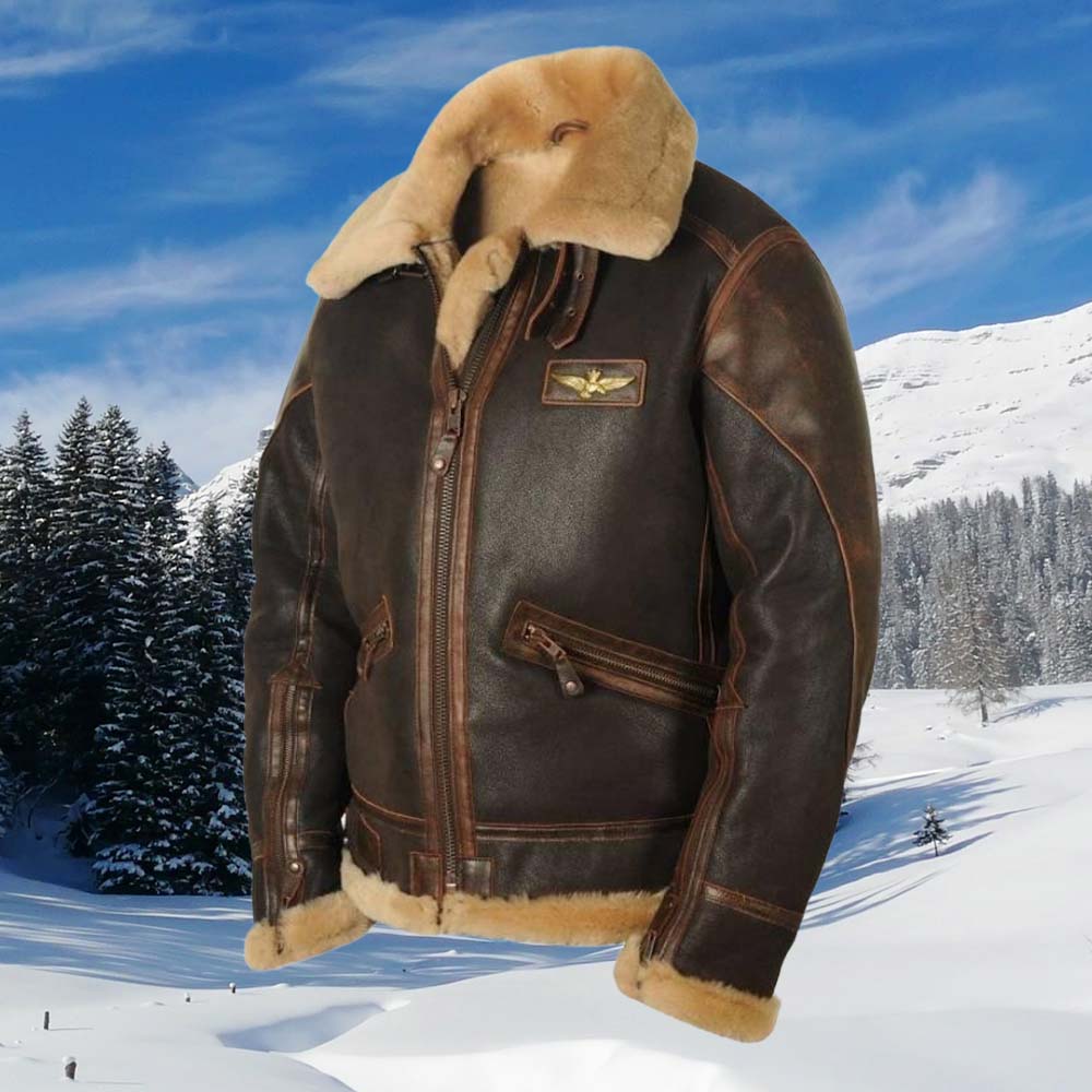 Mentede  Veste en cuir à revers et fermeture éclair épaisse en polaire pour hommes