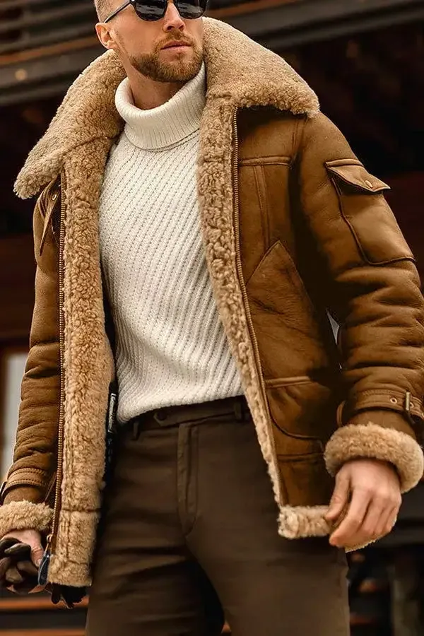 Veste en cuir volante élégante pour homme en camel