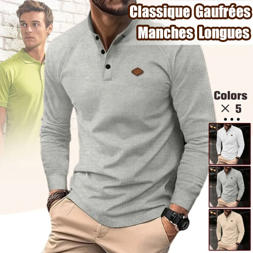 Nouveau polo gaufré à manches longues pour homme