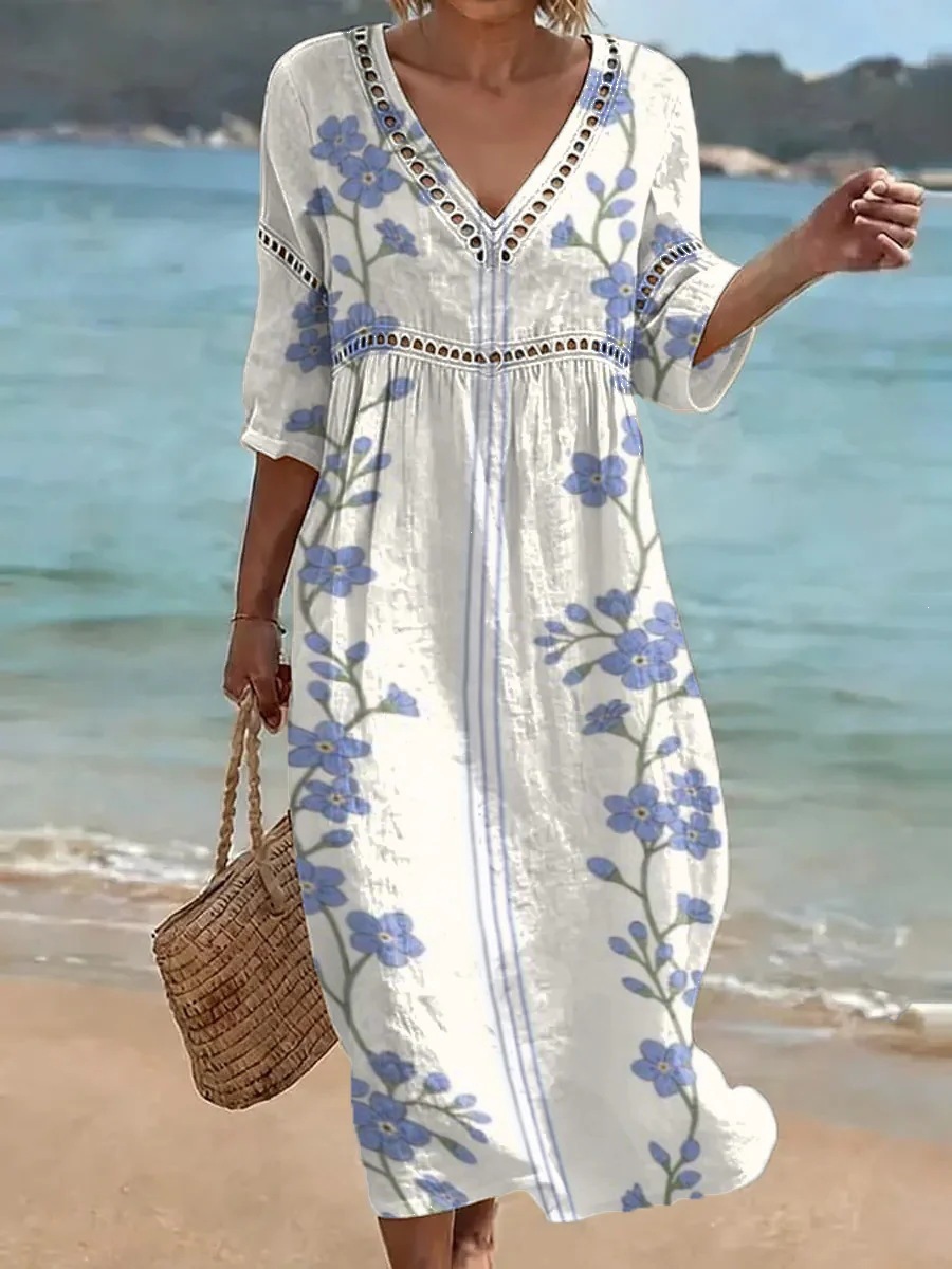 Robe confortable pour femme, confectionnée dans un mélange de coton et de lin imprimé.