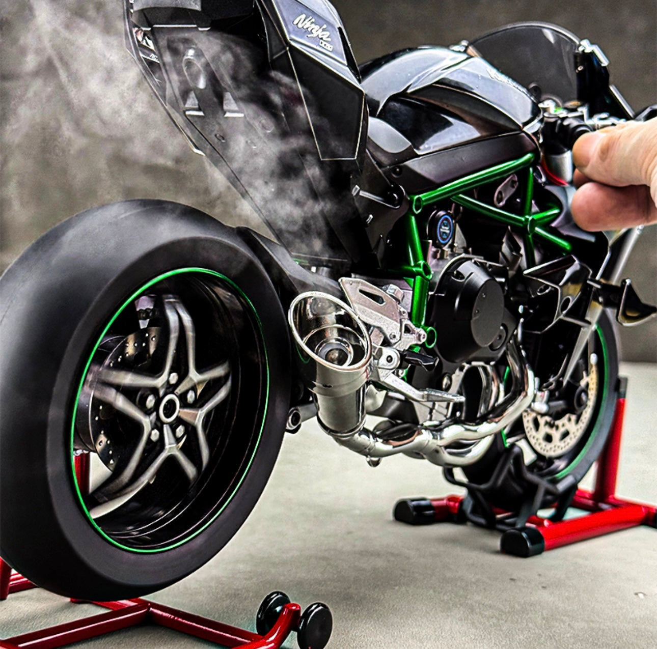H2R motorcycle model with engine startup, throttle control, and exhaust spray simulation, ideal gift for men