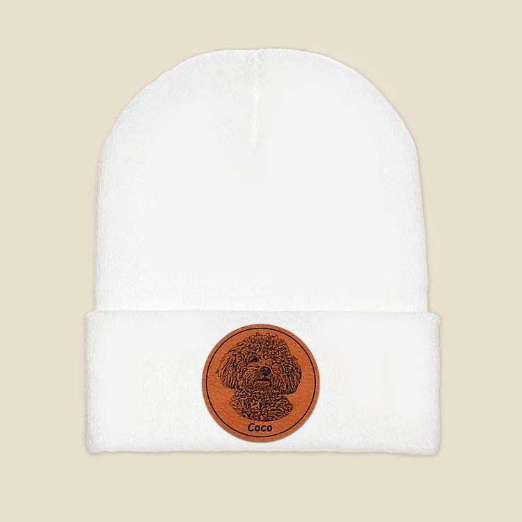 Custom Dog Portrait Beanie, Dog Photo Engraved on Leather Patch Winter Beanie Hat