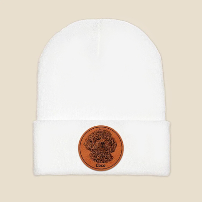 Custom Dog Portrait Beanie, Dog Photo Engraved on Leather Patch Winter Beanie Hat