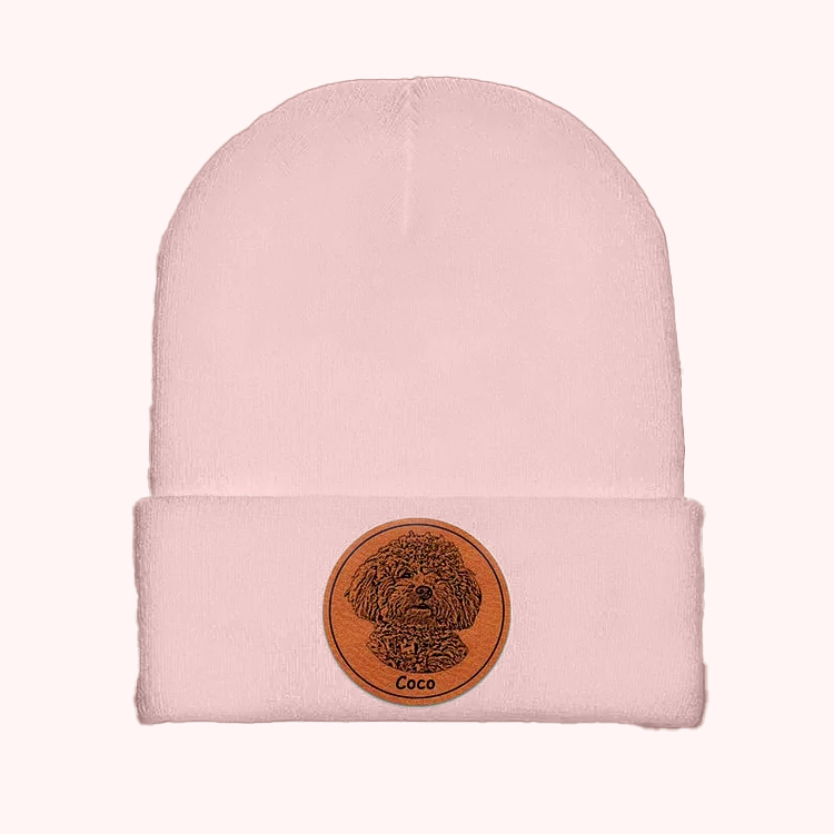 Custom Dog Portrait Beanie, Dog Photo Engraved on Leather Patch Winter Beanie Hat