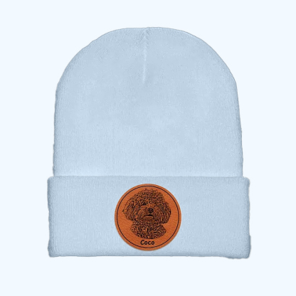 Custom Dog Portrait Beanie, Dog Photo Engraved on Leather Patch Winter Beanie Hat