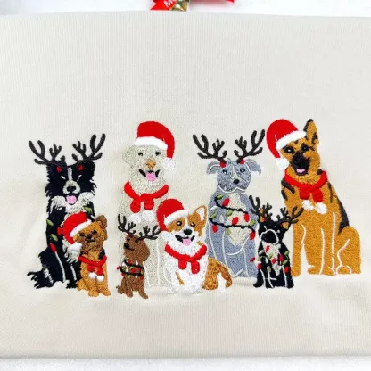 Christmas Dog Family Embroidered Sweatshirt Hoodie T-shirt Unisex Crew Neck