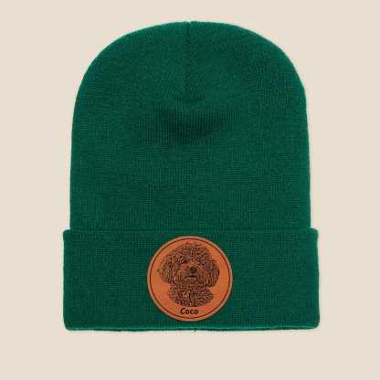 Custom Dog Portrait Beanie, Dog Photo Engraved on Leather Patch Winter Beanie Hat