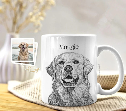 Pet Portrait Custom Sketch Mug from Photo, Personalized Birthday Gift for Cat Dog Mom Dad Owner, In Memory of Dog Loss, Pet Illustration Mug-Artloverhouse