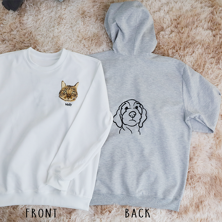Custom Embroidered Pet Portrait Hoodie, Embroidered Pet Portrait on the Front and Back of Sweatshirt