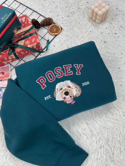 Custom Embroidered Sweatshirt with "POSEY" Pet Portrait