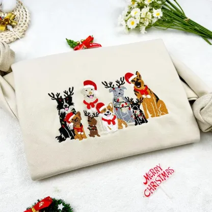 Christmas Dog Family Embroidered Sweatshirt Hoodie T-shirt Unisex Crew Neck