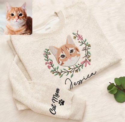Custom Pet Portrait Embroidered Dog Mom Floral Sweatshirt Hoodie