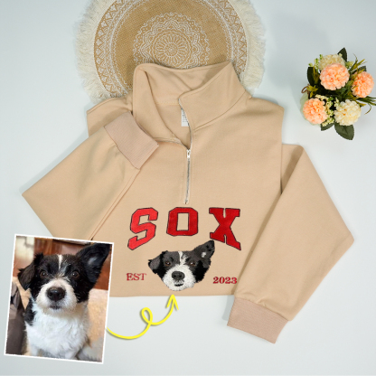 Custom Premium Handcrafted Pet Photo Embroidery with Pet Name Quarter-Zip Sweatshirt