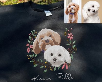 Custom Pet Portrait Embroidered Dog Mom Floral Sweatshirt Hoodie