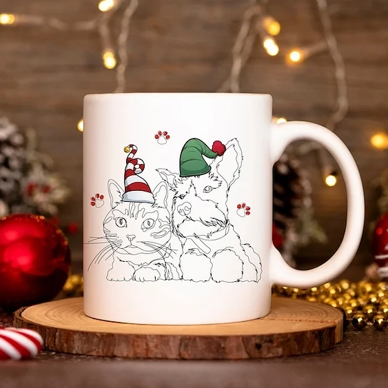 Custom Christmas Pet Line Drawing Mug, Sketch Dog Line Drawings, Custom Cat Mug