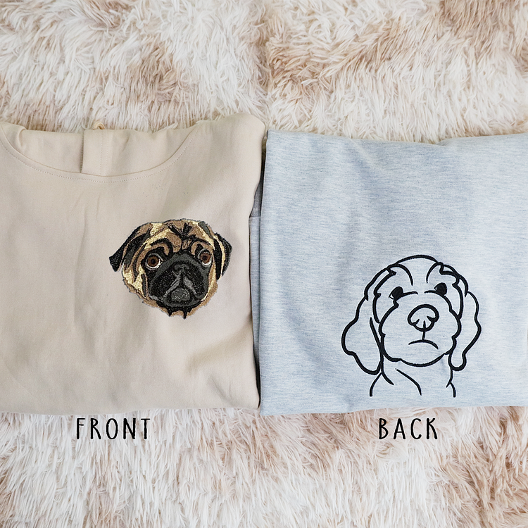 Custom Embroidered Pet Portrait Hoodie, Embroidered Pet Portrait on the Front and Back of Sweatshirt