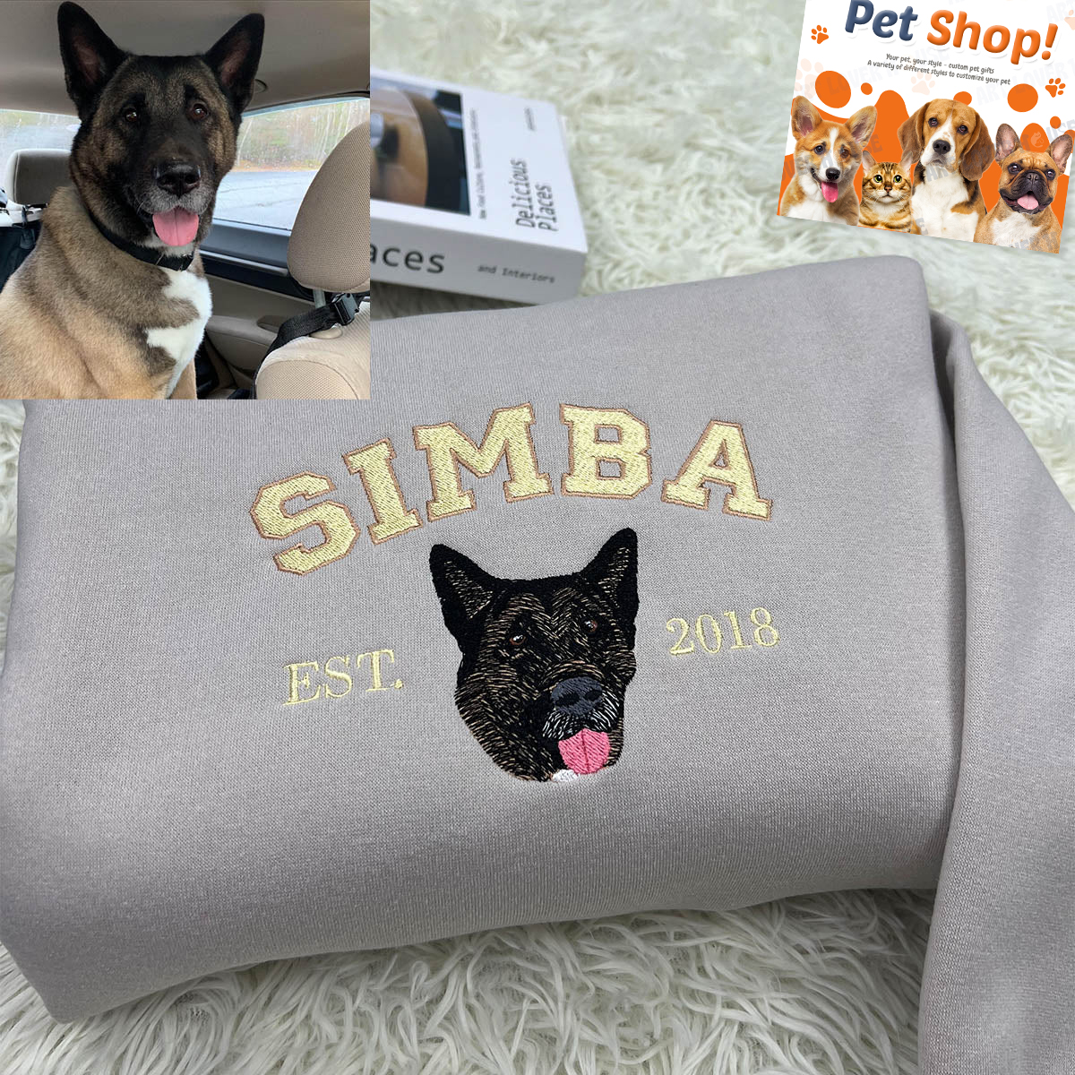Personalized Sweatshirt with "SIMBA" Pet Portrait Embroidery